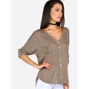 Boutique Mine Brown Button Down Tie Front Short Sleeve Top S